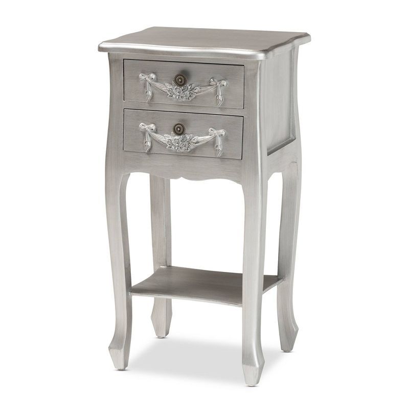 Eliya Silver Brushed Wood 2-Drawer Accent Table with Carved Details