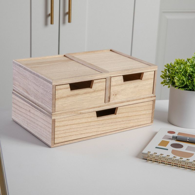 Light Natural Paulownia Wood Stackable Storage Boxes with Drawers, Set of 3