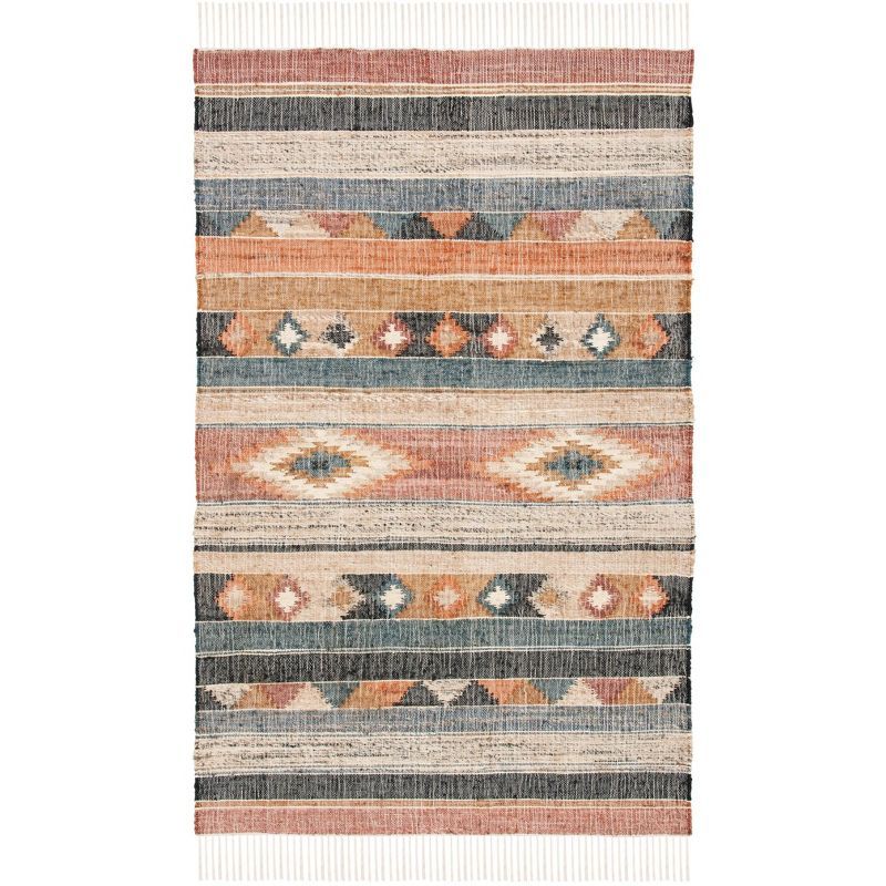 Blue and Rust Handmade Wool Cotton Kilim Rug, 5' x 8'