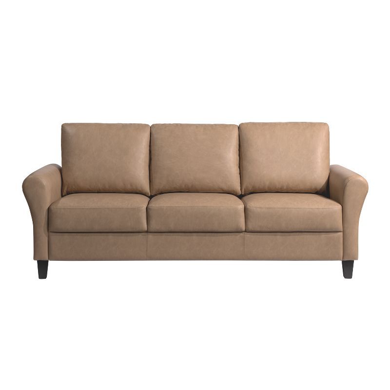 Brown Faux Leather Sofa with Rolled Arms and Wood Legs