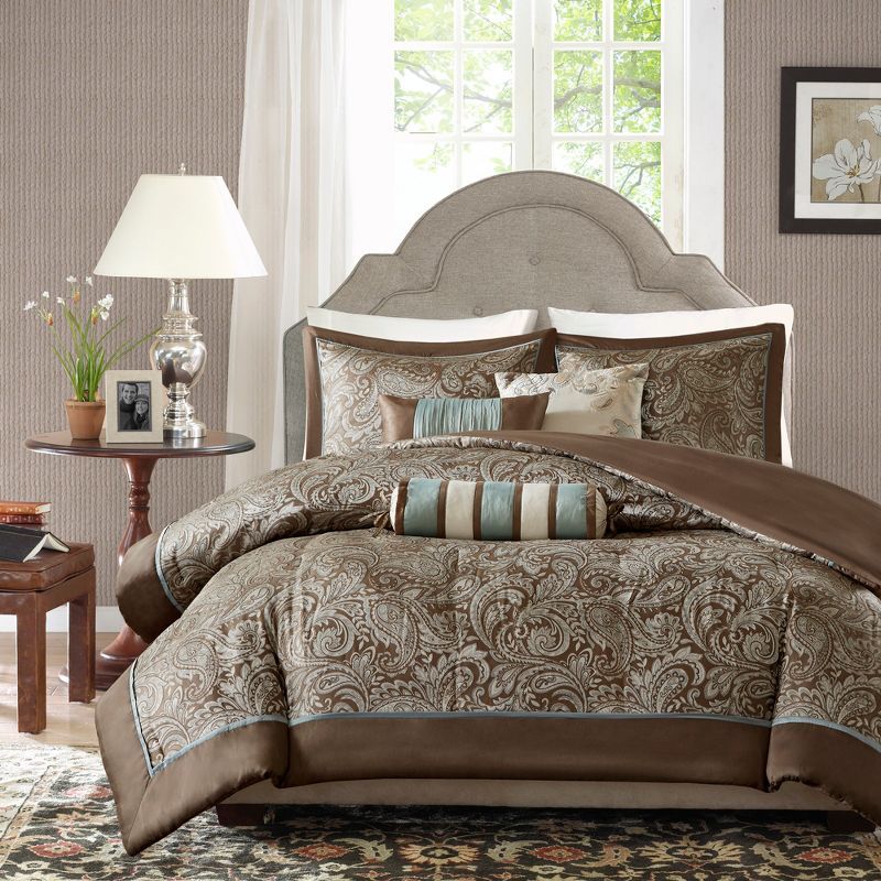 Aubrey Blue and Brown Paisley Jacquard King Duvet Cover Set