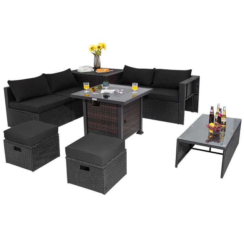 9-Piece Black PE Rattan Patio Set with Fire Pit Table