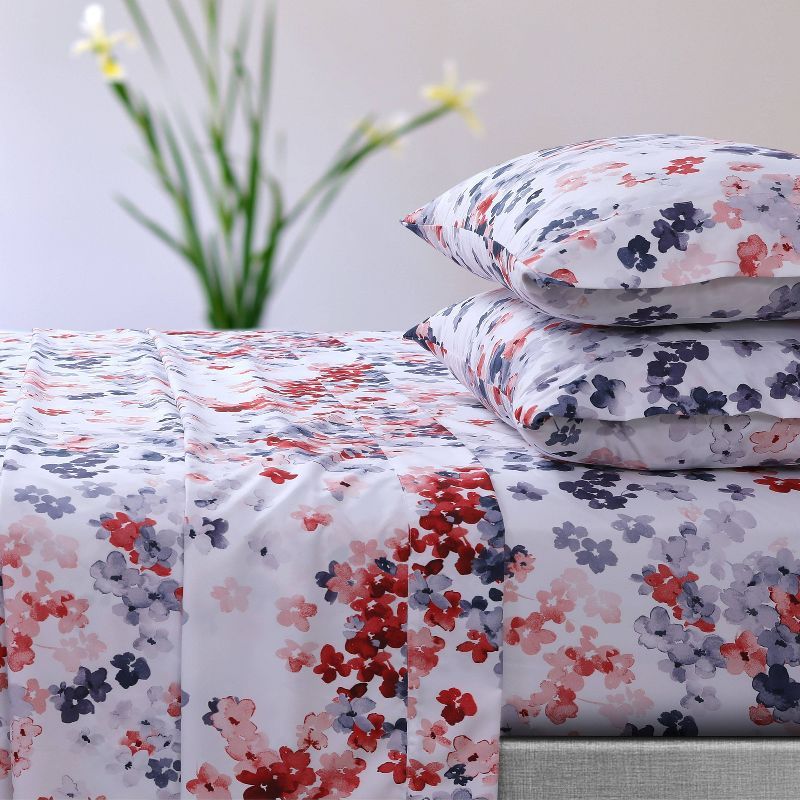 Juliette Red Floral Print Queen Microfiber Deep Pocket Sheet Set