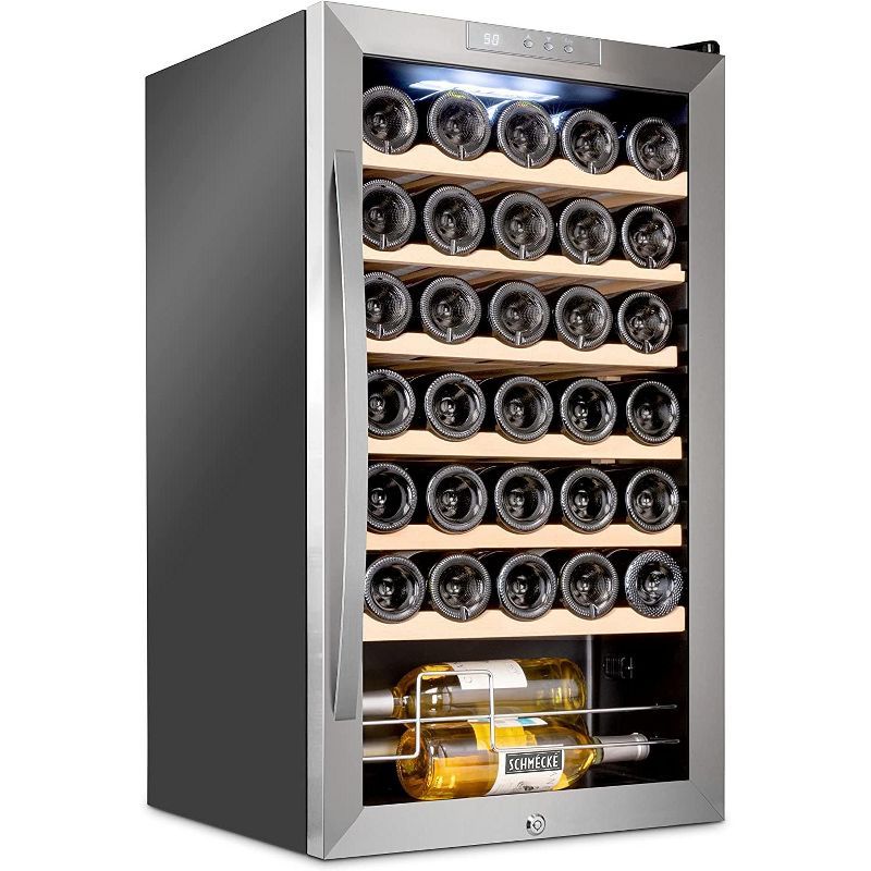 Stainless Steel Freestanding 34-Bottle Wine Cooler with LED Lighting