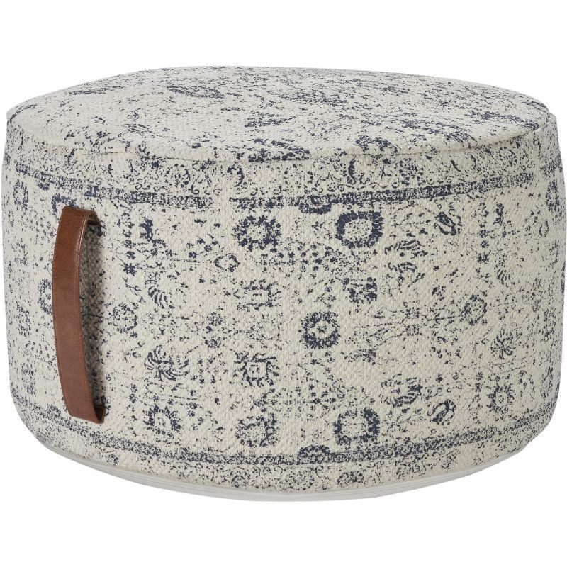 Ivory and Navy Floral Cotton Round Pouf with Faux Leather Handle