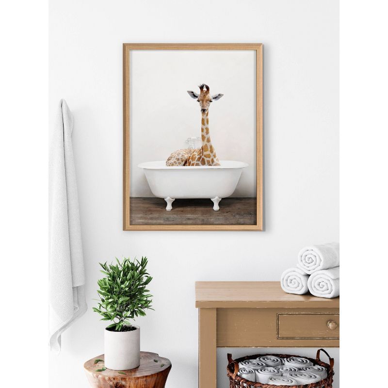 Natural Wood Framed Giraffe in Bathtub Animal Poster