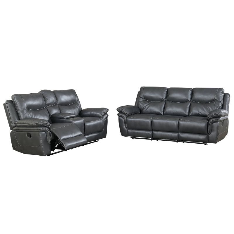 Isabella Grey Double Reclining Sofa and Loveseat Set with Storage Console