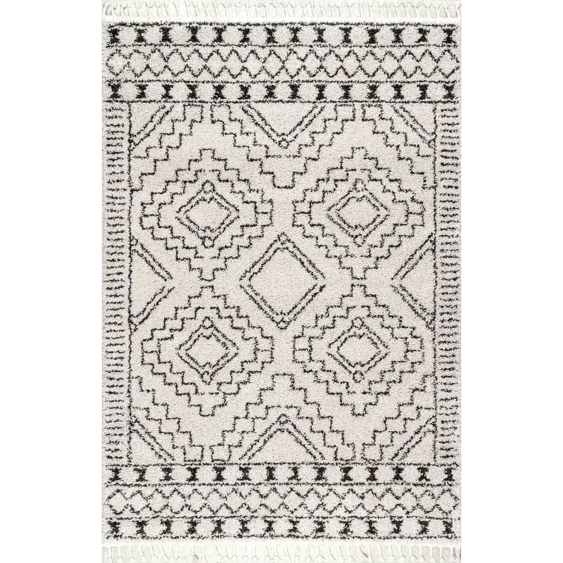 Braided Off-White Synthetic 10' Square Shag Rug with Tassels