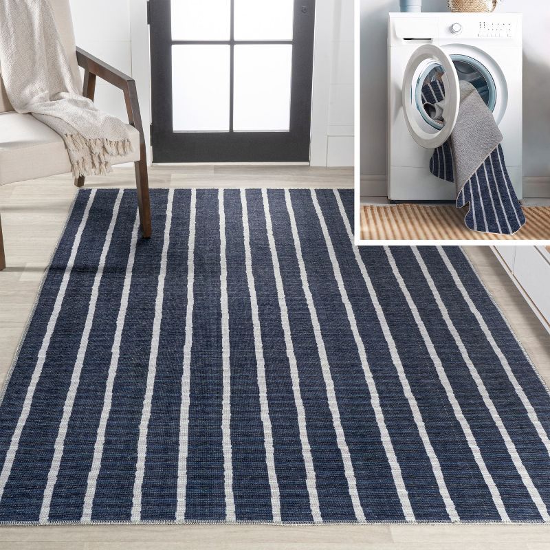 Ivory and Navy Striped 8' x 10' Machine-Washable Rug