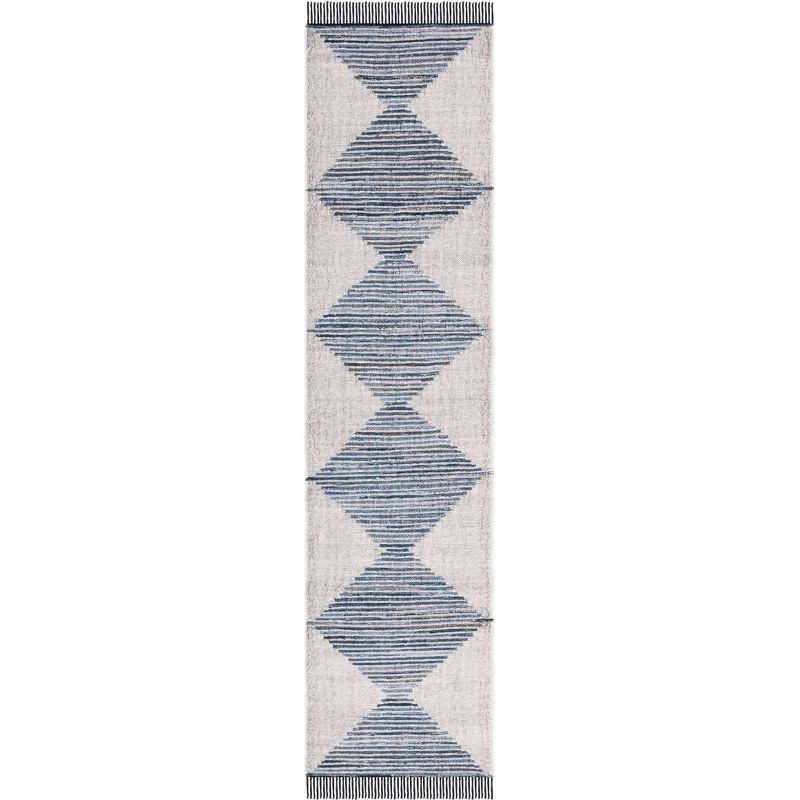 Ivory and Blue Wool Cotton Flat Woven Runner Rug