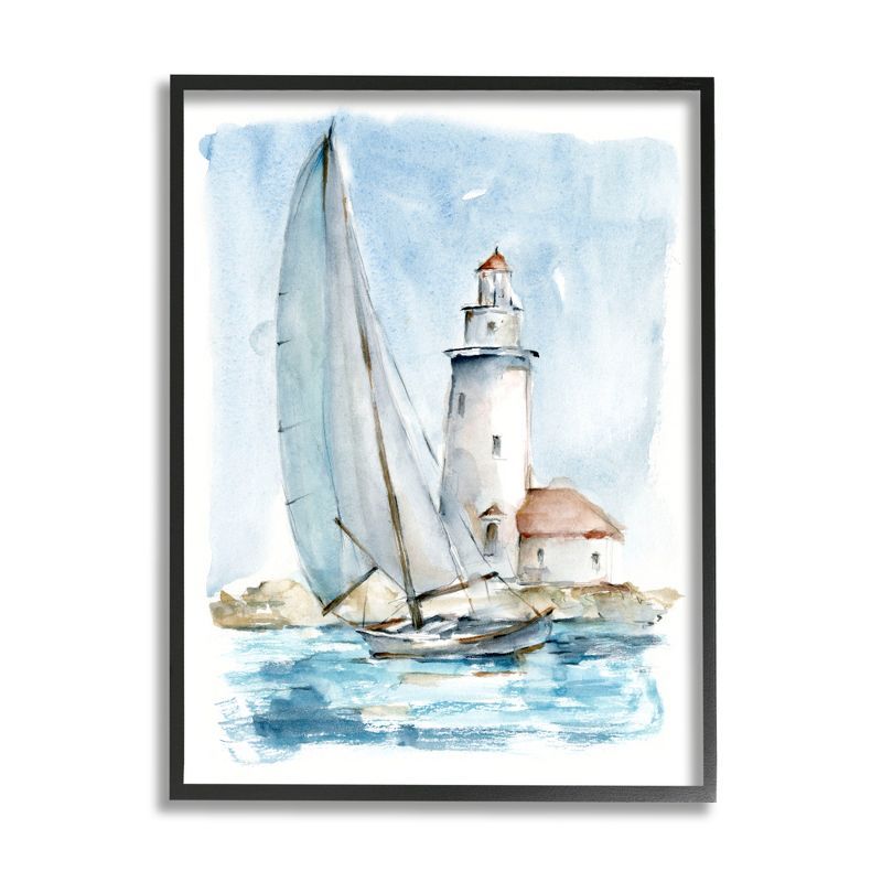 Nautical Sailboat and Lighthouse Print on Canvas with Black Frame, 11 x 14