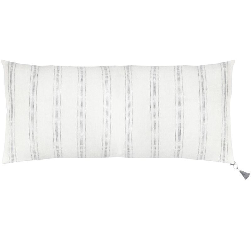 White and Gray Striped Linen Lumbar Pillow with Tassels