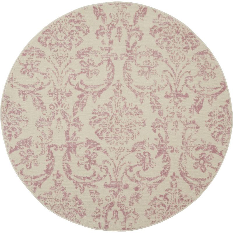 Jubilant Ivory and Pink Round Synthetic Area Rug, 5'3"