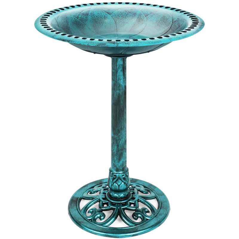 Green Antique Pedestal Bird Bath with Fleur-de-Lis Accents