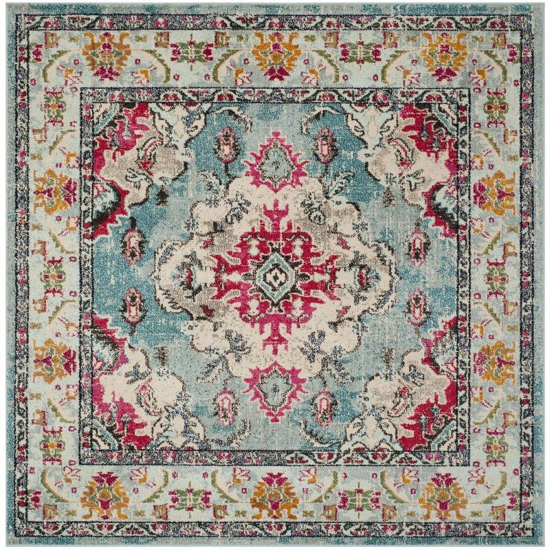 Light Blue Boho Medallion Synthetic Square Rug