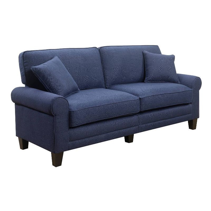 Navy Blue Leather Rolled Arm Sofa with Pillow Back