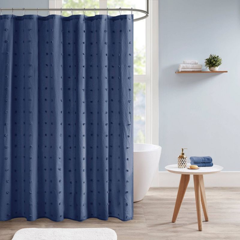 Indigo Blue Cotton Jacquard Pom Pom Shower Curtain