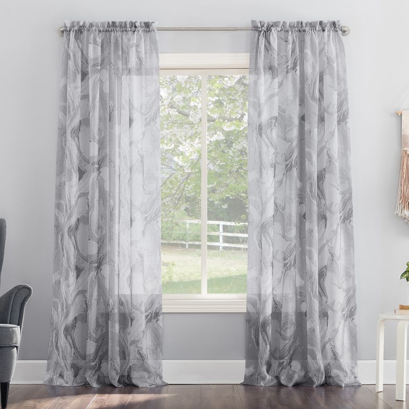 Gray Marble Print Sheer Voile Rod Pocket Curtain Panel, 51" x 84"