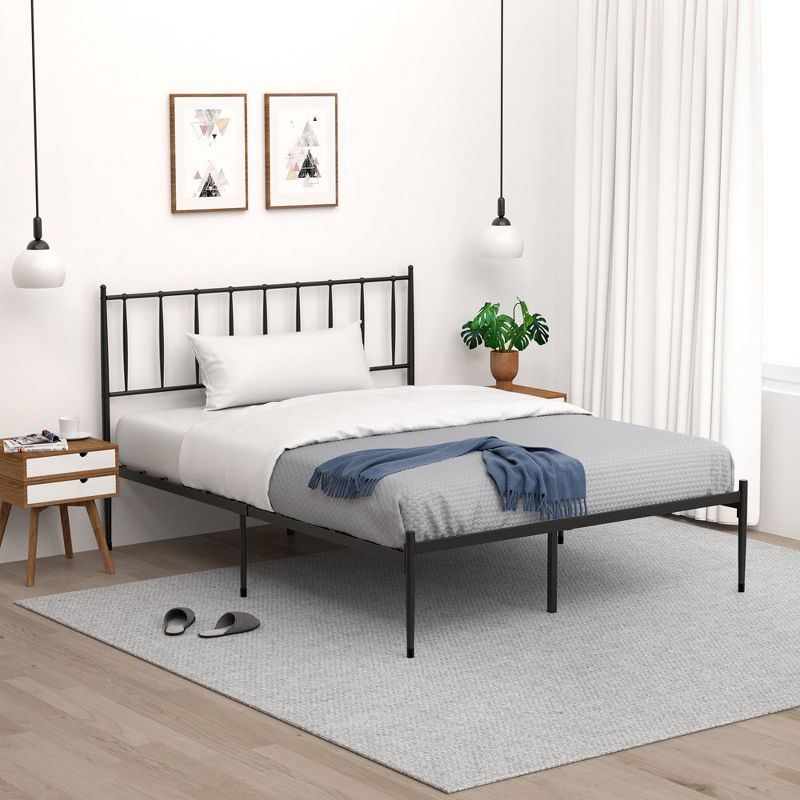 Queen Black Metal Platform Bed Frame with Headboard and Storage