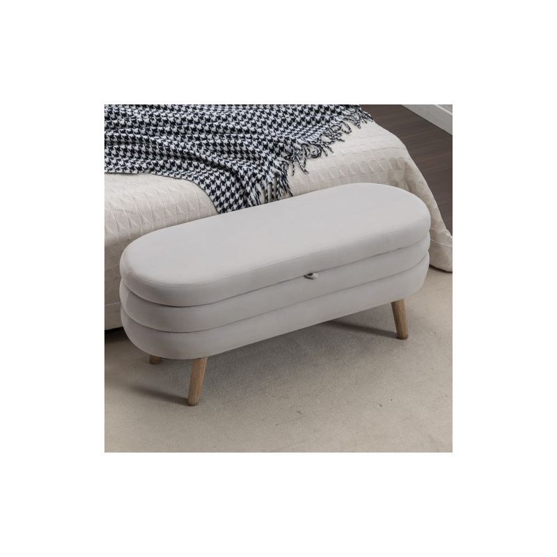 Light Gray Velvet Upholstered Storage Bench with Wood Legs