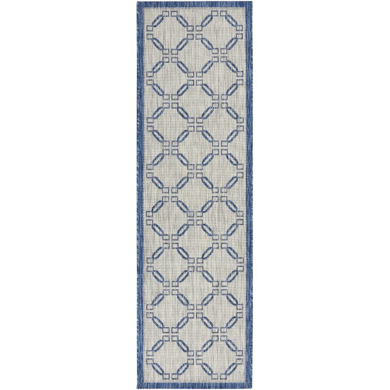 Ivory Blue Traditional Trellis 2'2" x 7'6" Synthetic Area Rug