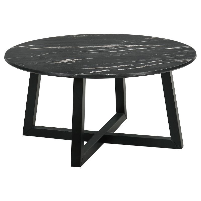 Round Black Faux Marble and Light Oak Coffee Table