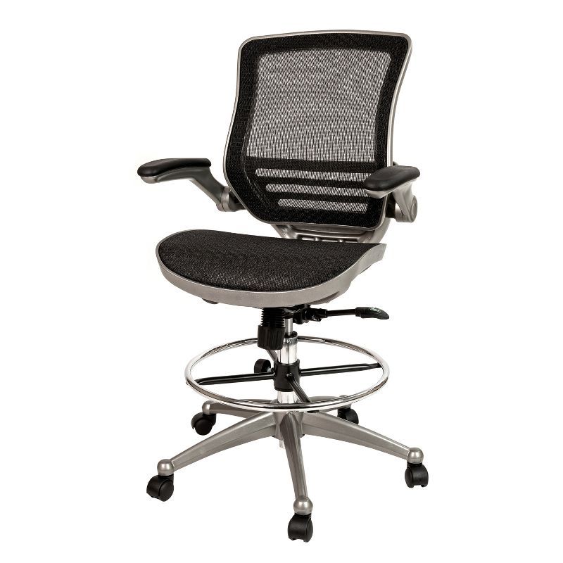Graphite Silver & Transparent Black Mesh Drafting Chair with Adjustable Arms