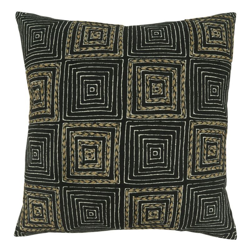 Black and Beige Cotton Embroidered Maze Throw Pillow Cover