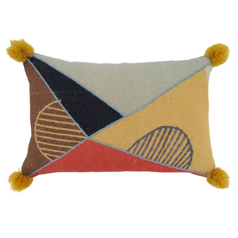 Multicolor Geometric Embroidered Cotton Lumbar Throw Pillow