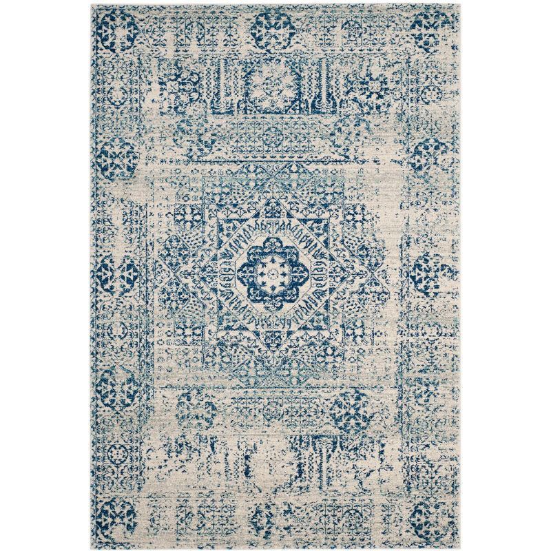 Ivory and Blue High Pile Synthetic Reversible Area Rug