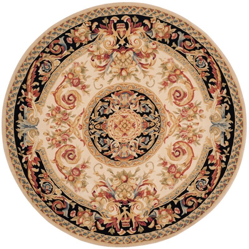 Elegant Ivory Wool 6' Round Hand-Tufted Savonnerie Rug