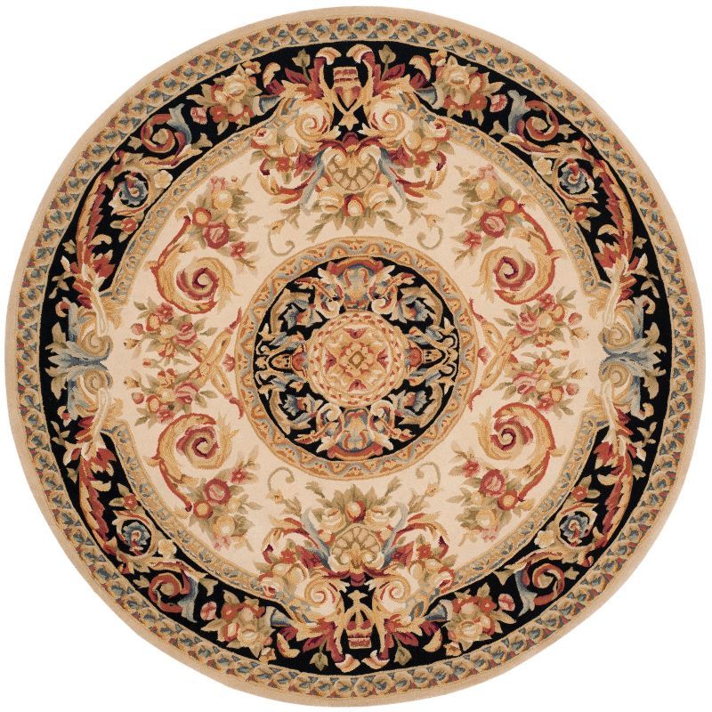 Elegant Ivory Wool 6' Round Hand-Tufted Savonnerie Rug