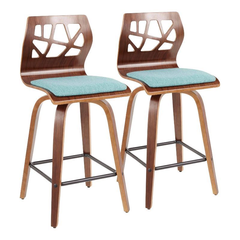 Folia Teal Upholstered Swivel Counter Height Barstools with Walnut Frame, Set of 2