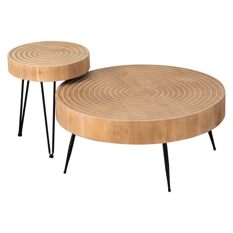 Round Natural Wood and Metal Nesting Coffee Table Set
