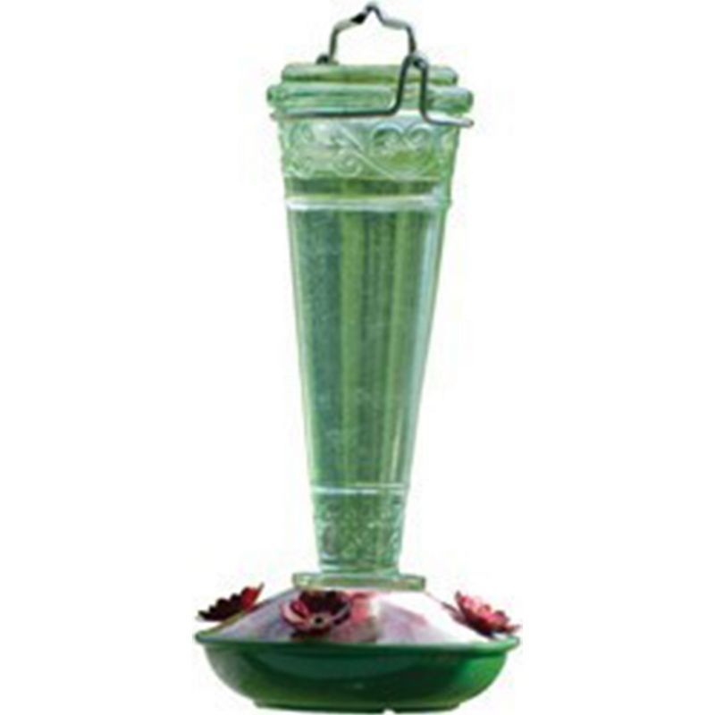 Green Glass and Metal Hummingbird Nectar Feeder, 8 oz