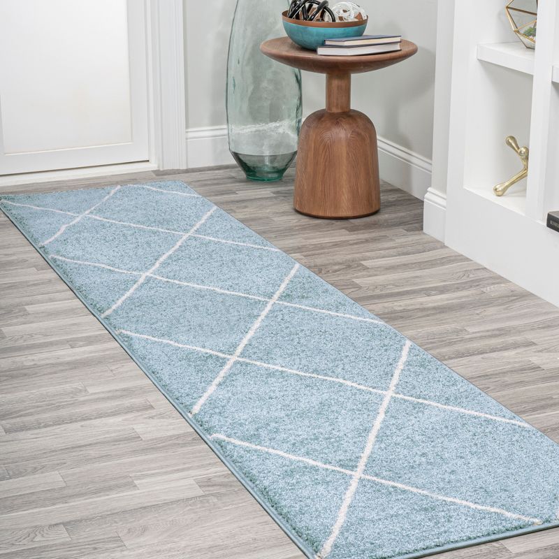 Light Blue and White Diamond Trellis Synthetic Area Rug - 2x10 Feet