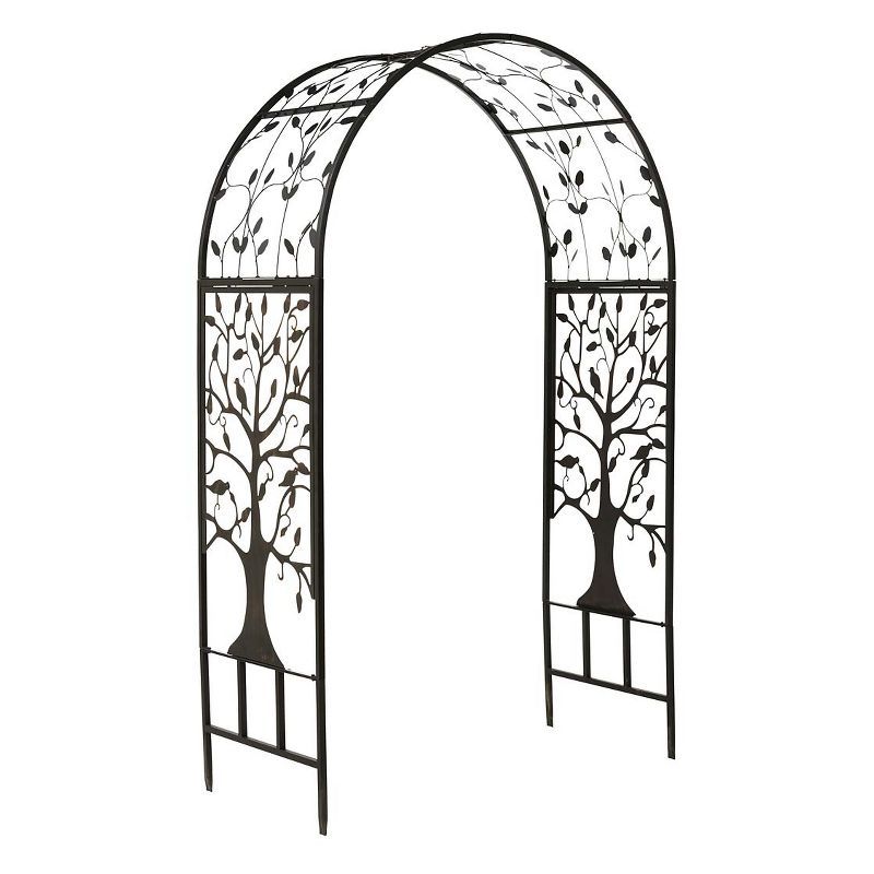 Black and Bronze Metal Arched Garden Arbor with Tree of Life Design