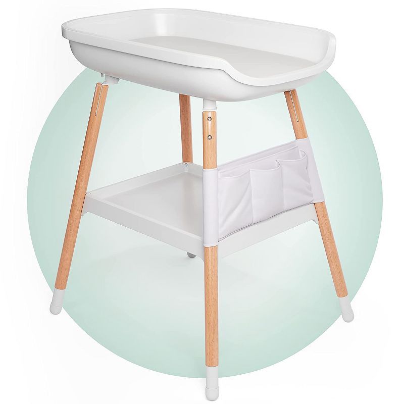 White and Beech Wood Diaper Changing Table with Storage