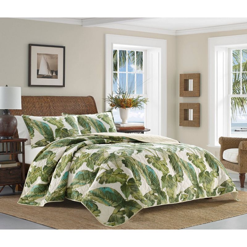 Full White Cotton Reversible Sham Set with Green Palm Leaves