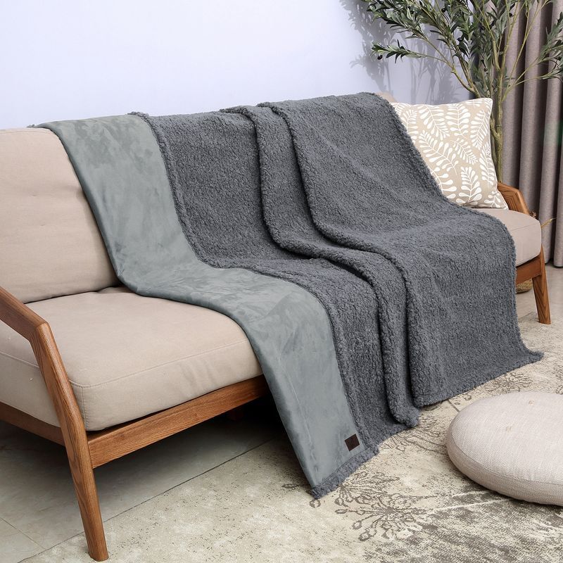 Large Gray Faux Fur Waterproof Reversible Sofa Blanket