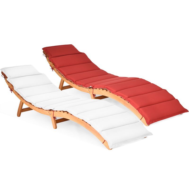 Folding Eucalyptus Wood Chaise Lounge with Red and White Cushions