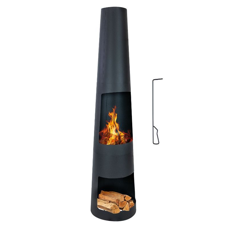 Tall Black Steel Chiminea with Built-In Log Holder