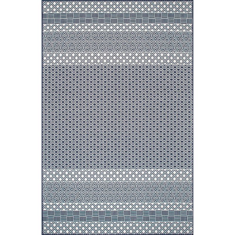 Blue Striped Synthetic Reversible Indoor/Outdoor Rug, 5x8