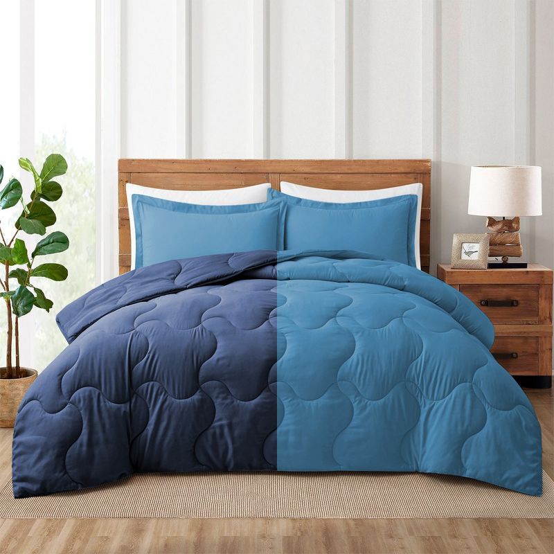 Full/Queen Light Blue and Navy Microfiber Reversible Comforter Set
