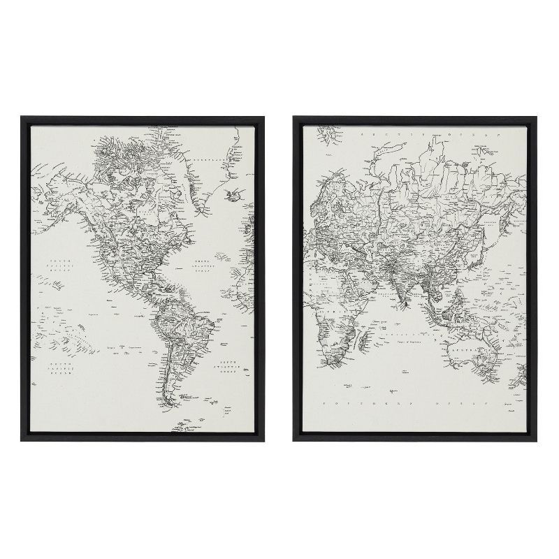 Vintage Black and White World Map Framed Canvas Set