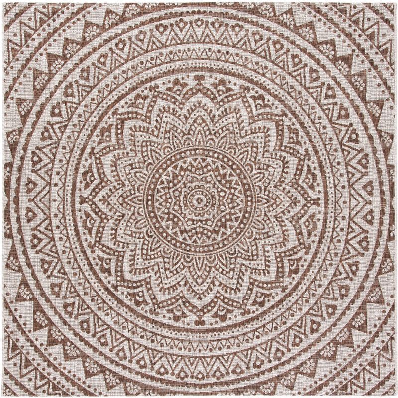Light Beige & Brown Easy-Care Synthetic Square Rug - 5'3" x 5'3"