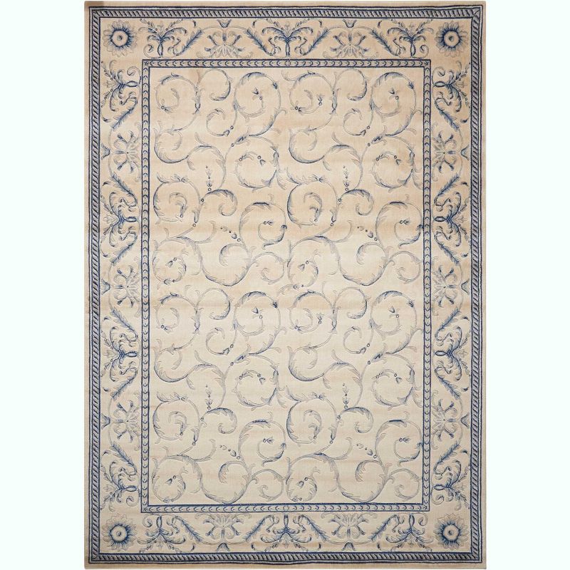 Ivory and Blue Rectangular Synthetic Area Rug