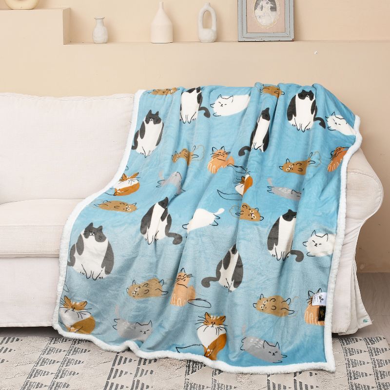 Blue Cat Print Reversible Sherpa Fleece Toddler Blanket