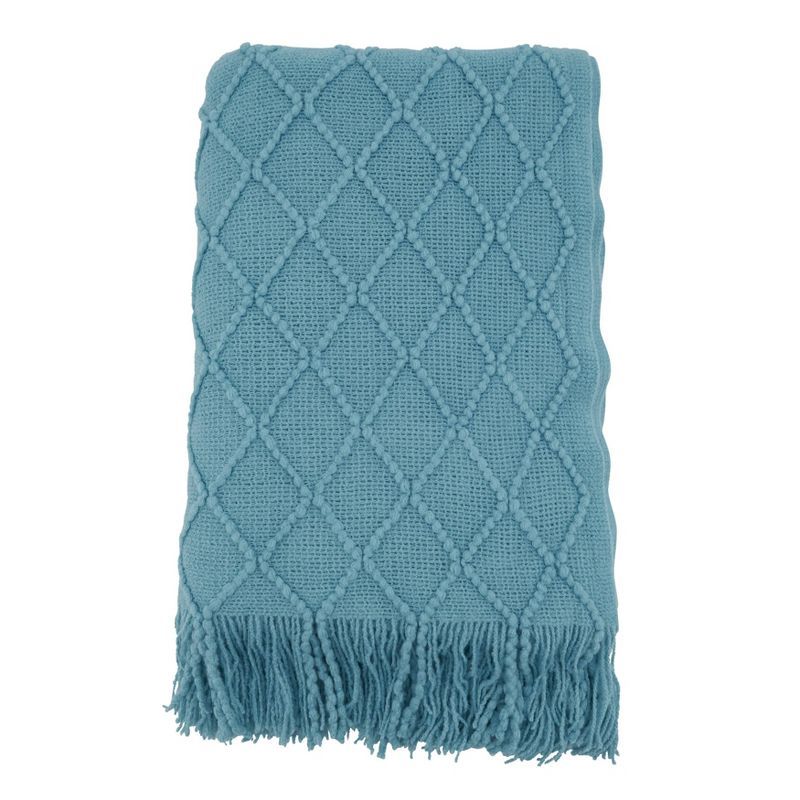 Light Blue Knitted Acrylic Throw Blanket with Fringe