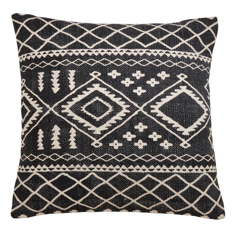 22" Black and White Cotton Mud Cloth Pattern Square Pillow